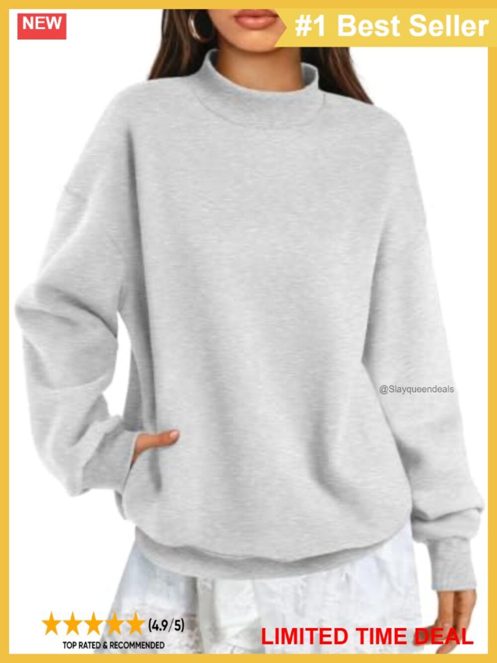 Mock Neck Oversized Cotton Blend Fleece Sweatshirt Pullover Turtleneck